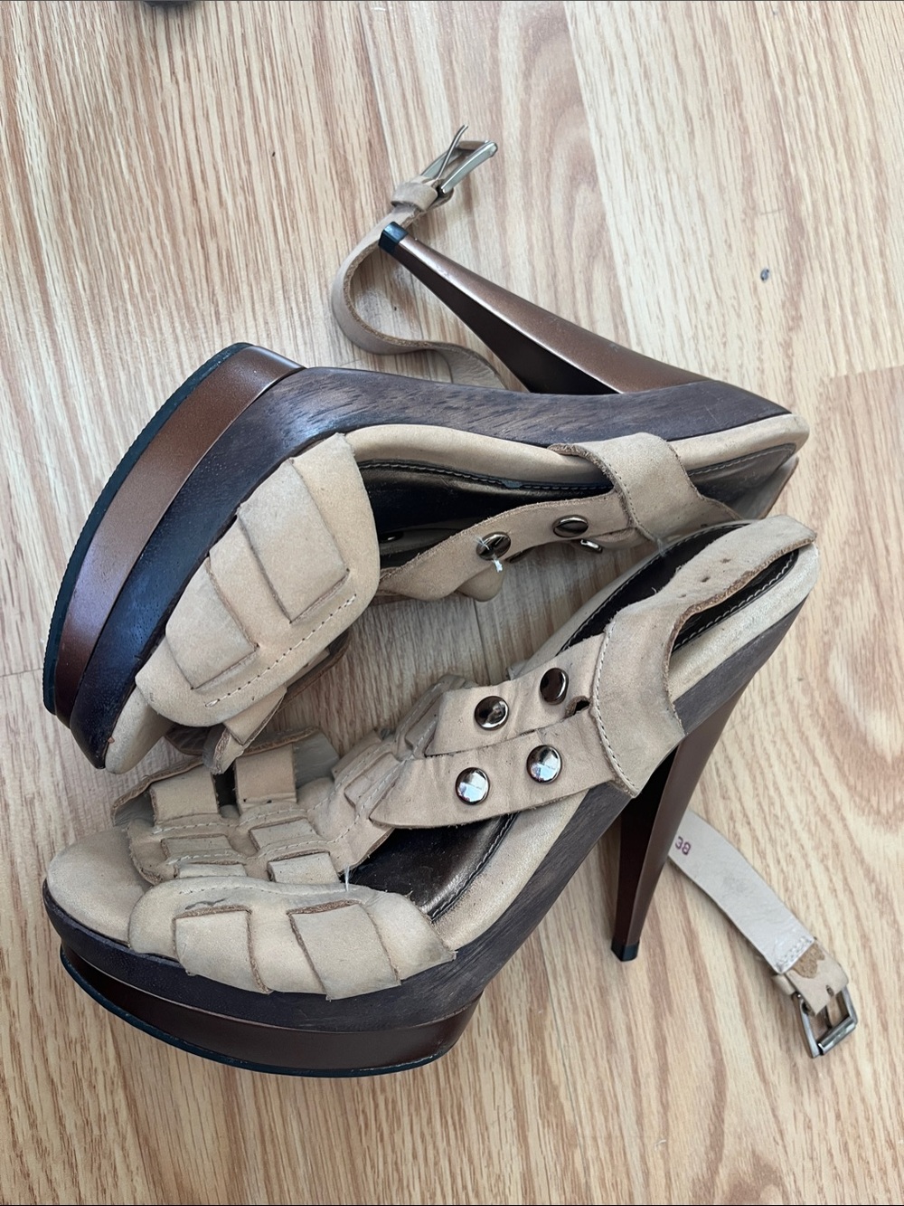 Beige Suede Platform High Heel Sandals - 38 Europe (7 US)